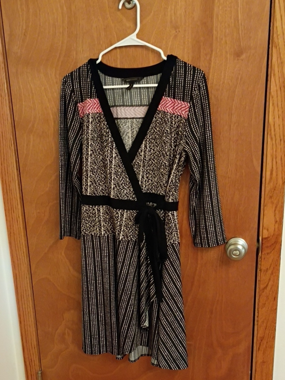 BCBGMaxAzria Black, White and Red Patterned Wrap Dress